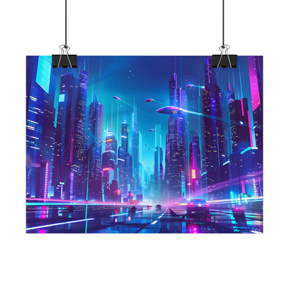 Futuristic Neon City: Towering Skyscrapers in a Vibrant Nighttime Sky - Poster