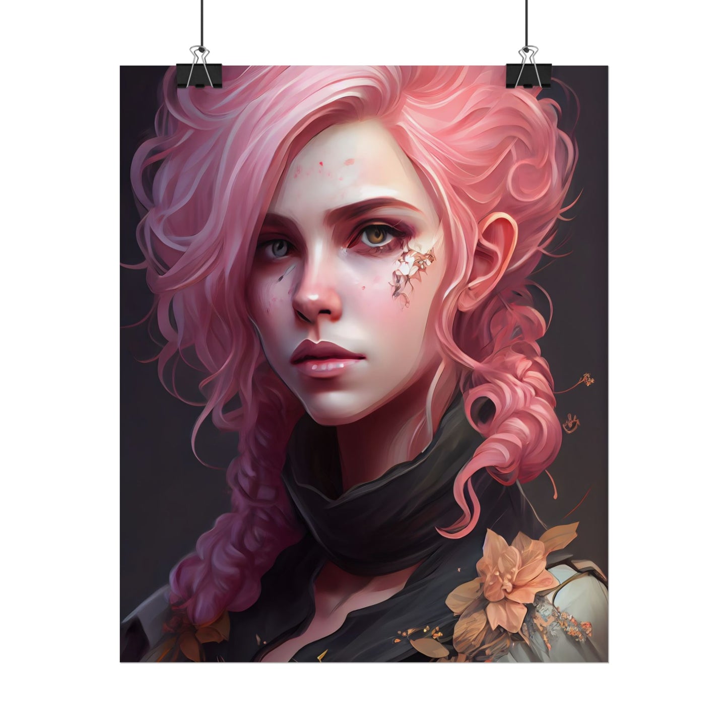 Astonishing Female Portrait: Vibrant Pink Hair in Dark Elegance - Poster