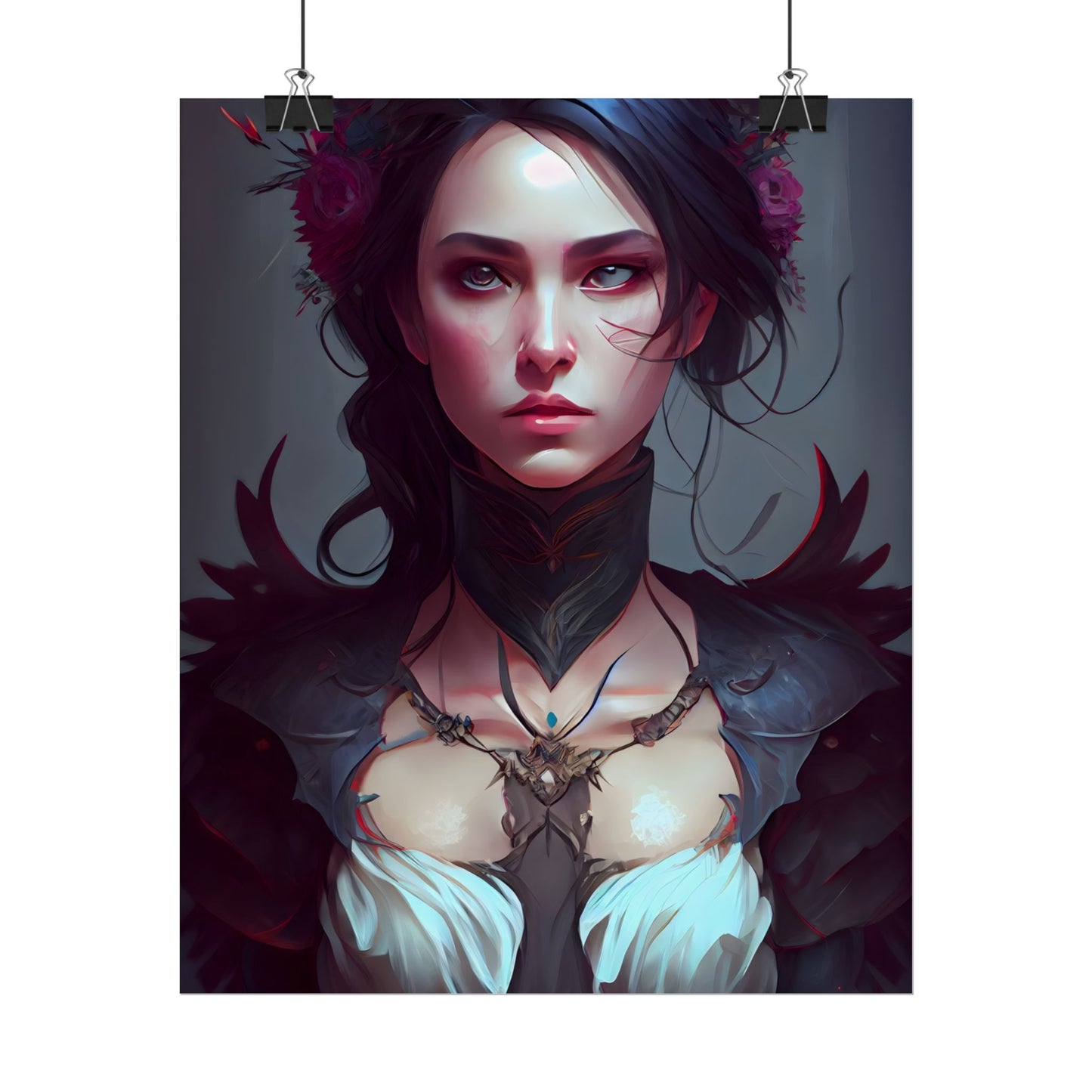 Enchanting Female Portrait: Elegant Black Dress Artwork - Poster