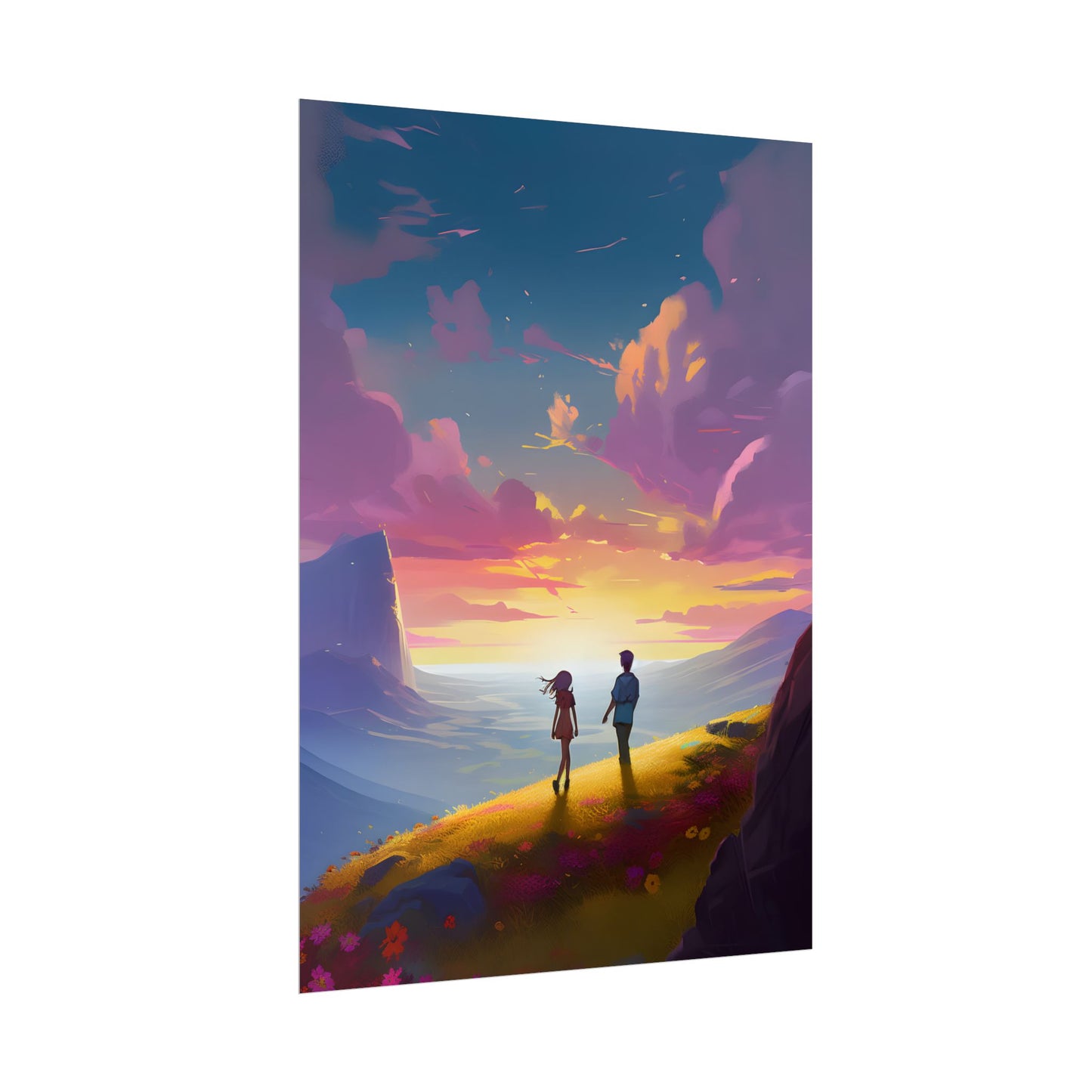 Young Love in a Cloudy Meadow: A Heartwarming Artwork - Poster