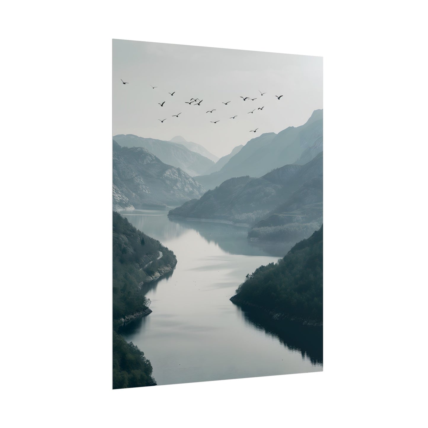 Peaceful Mountain Oasis: Serene Birds Eye View Artwork - Poster
