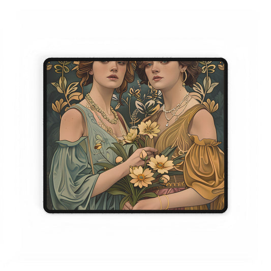 Two Women in Ornate Attire Holding Primr: Traditional Turkish Artwork - Desk Mat