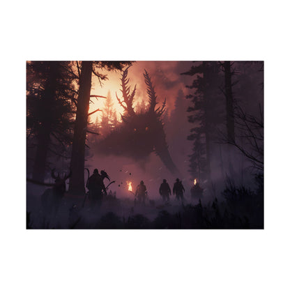 Serene Forest Sunset: Group Walking Through Misty Landscape - Poster