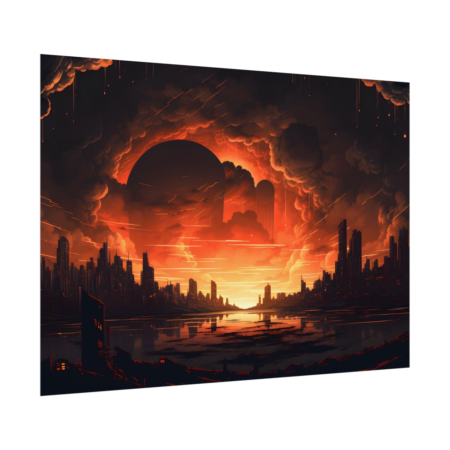 Futuristic Cyberpunk Night: Burning Cityscape Landscape Art - Poster