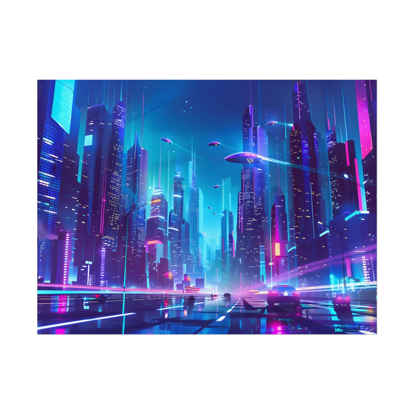 Futuristic Neon City: Towering Skyscrapers in a Vibrant Nighttime Sky - Poster