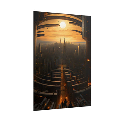 Dystopian Utopia: Futuristic Cityscape with Dark Facade - Poster