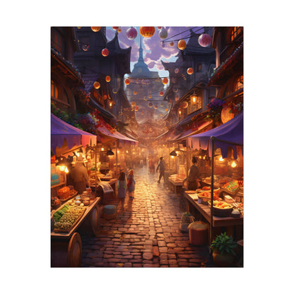 Magical Street Food Market: Vibrant Enchanted Scene Art - Poster
