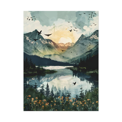 Serene Mountain Lake: Birds in Flight - Natural Art - Poster