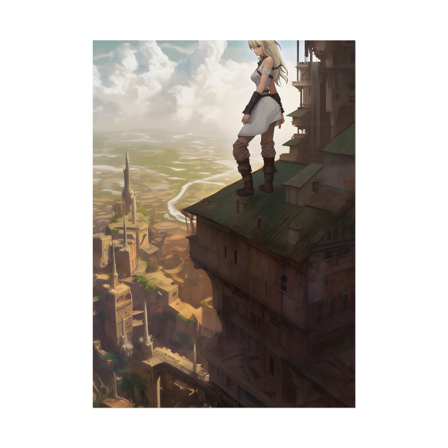 Dramatic Birds Eye View: Anime Blonde Female in Contemplation - Poster
