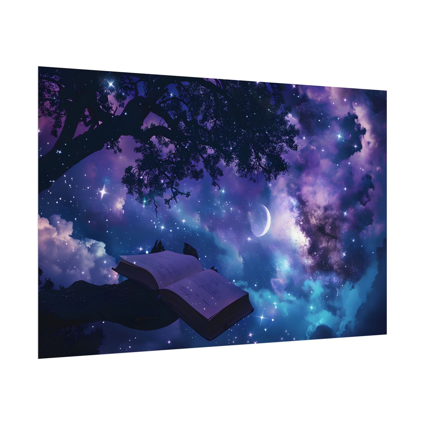Mystical Night Sky: Celestial Dreams with Crescent Moon Art - Poster