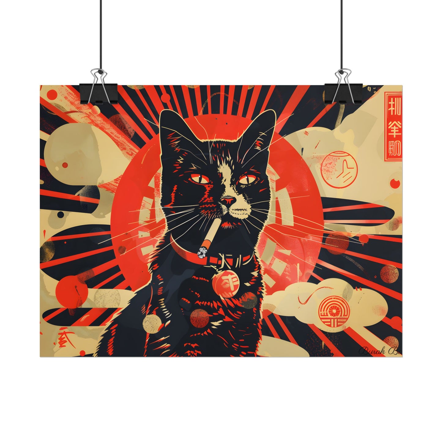 Vintage Whimsy: Cat Smokes Cigarette on Blue Background - Poster
