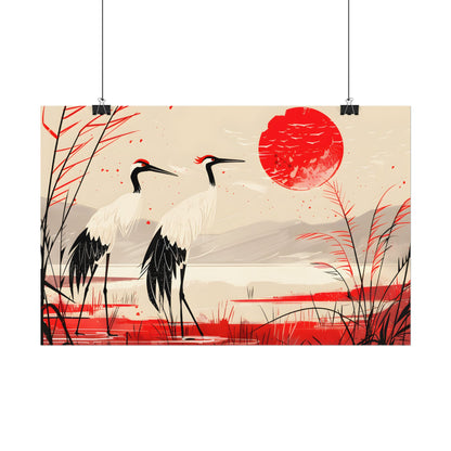 Peaceful Cranes in Serene Nature: Landscape Artwork - Poster