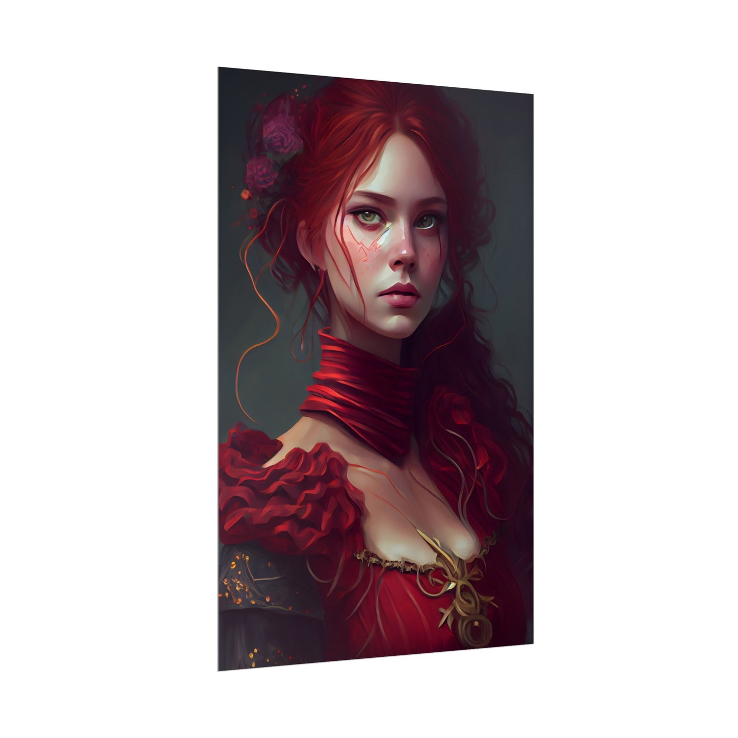 Vibrant Redhead Portrait: Female Artwork in Red Dress - Poster
