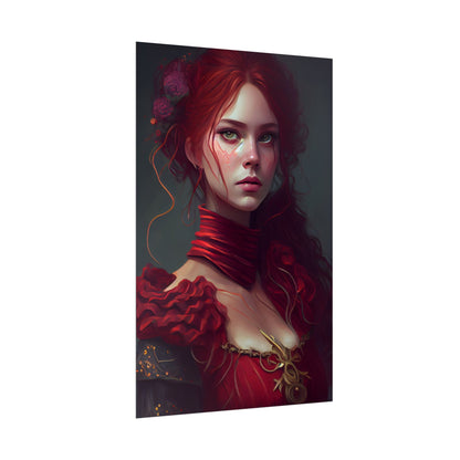 Vibrant Redhead Portrait: Female Artwork in Red Dress - Poster