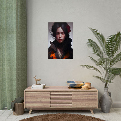 Black Hair Female Portrait: Elegant Dress Artwork - Poster
