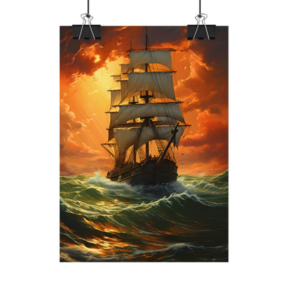 Nature's Serenity: Realistic Oil Painting of a Green Ship - Poster