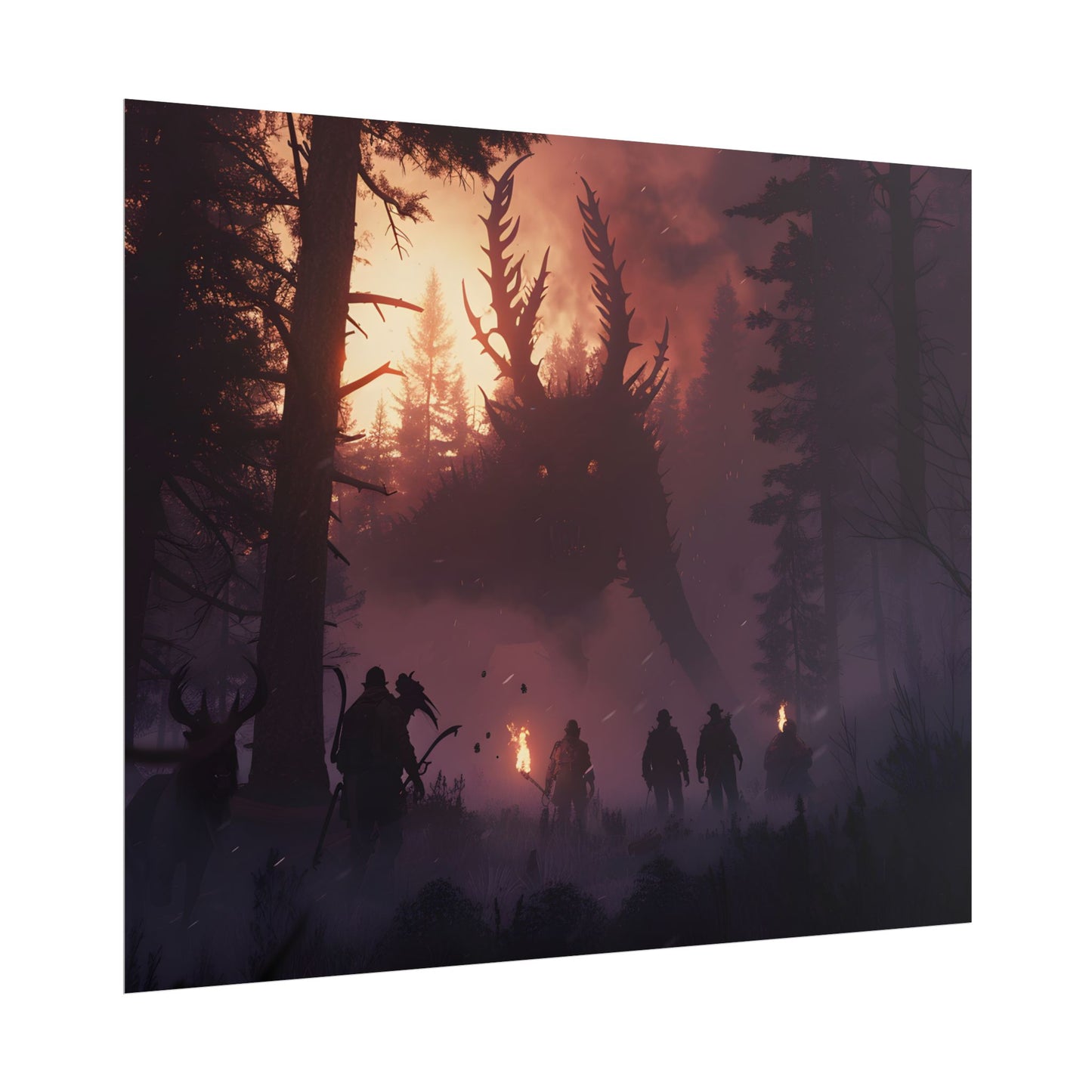Serene Forest Sunset: Group Walking Through Misty Landscape - Poster