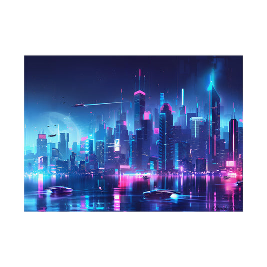 Neon City Lightscape: A Digital Artwork - Poster