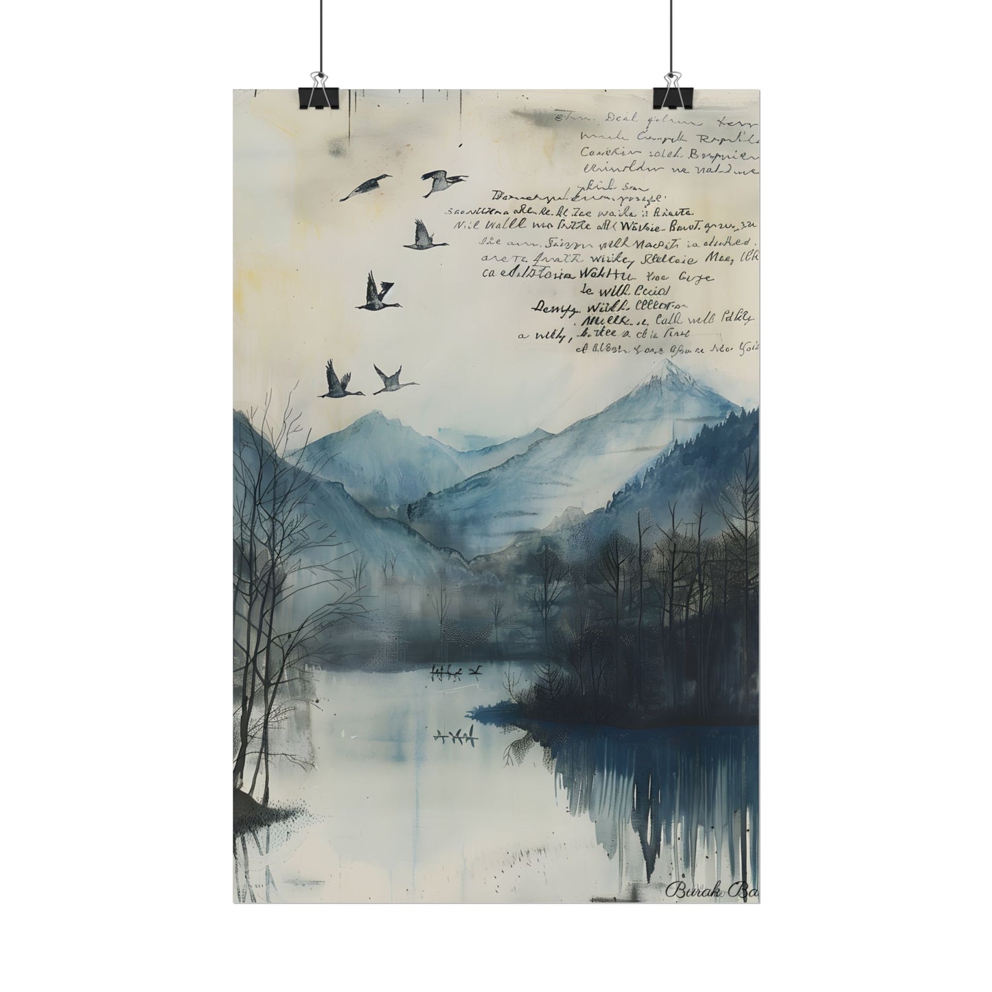 Nature's Serenity: Mountain Lake Birds in Flight Artwork - Poster