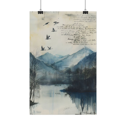 Nature's Serenity: Mountain Lake Birds in Flight Artwork - Poster