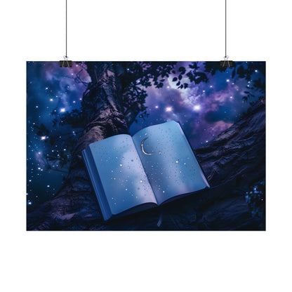 Mystical Night Sky: Celestial Dreams with Crescent Moon and Stars - Poster