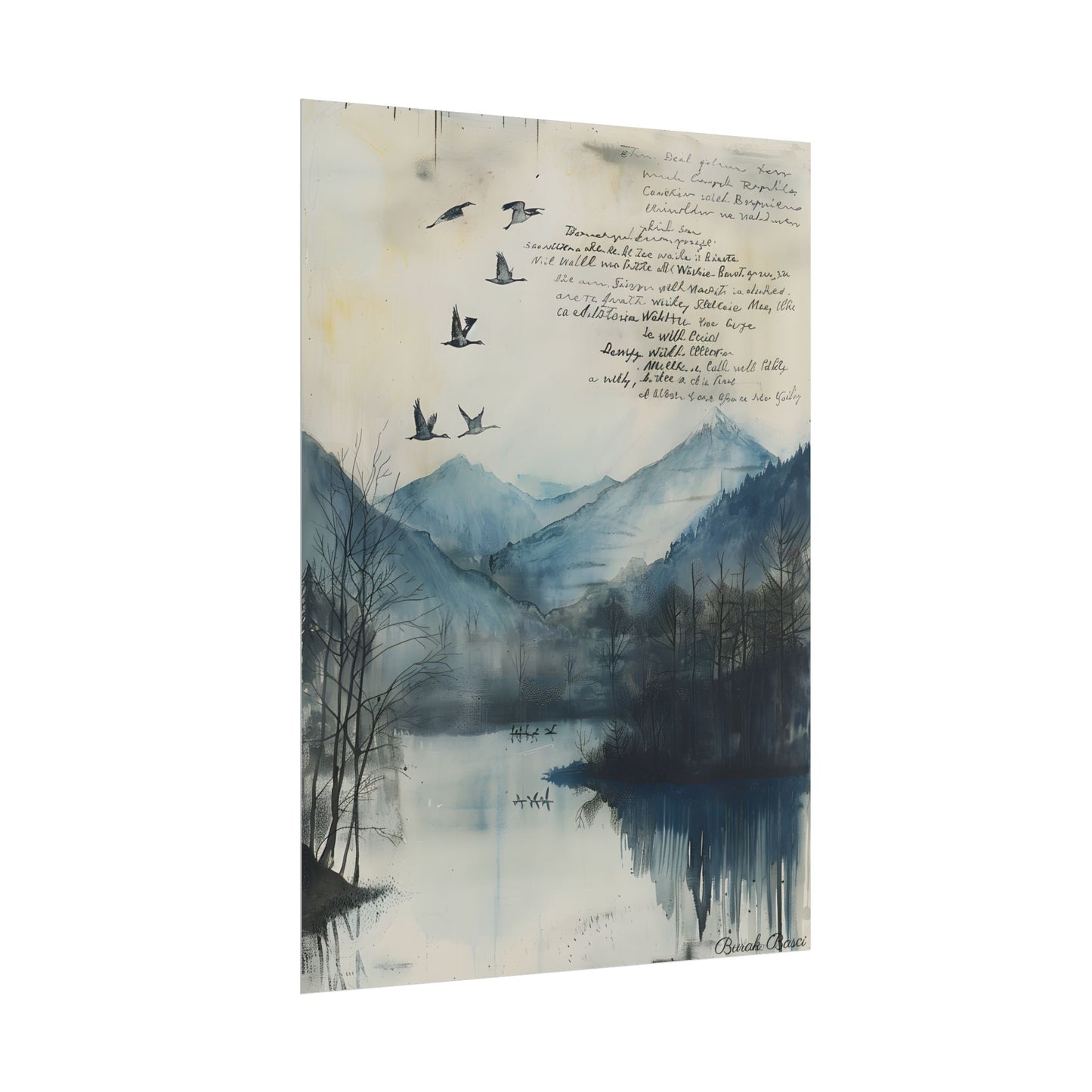 Nature's Serenity: Mountain Lake Birds in Flight Artwork - Poster