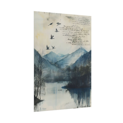Nature's Serenity: Mountain Lake Birds in Flight Artwork - Poster