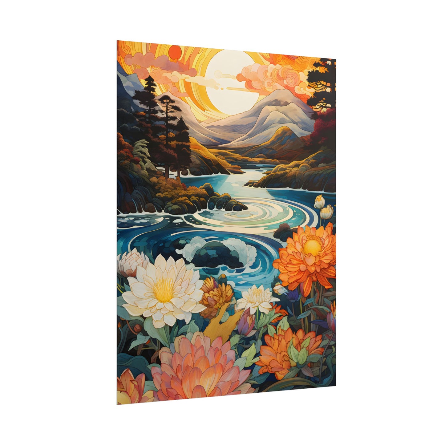Peaceful River Landscape: Flowers Blooming - Poster