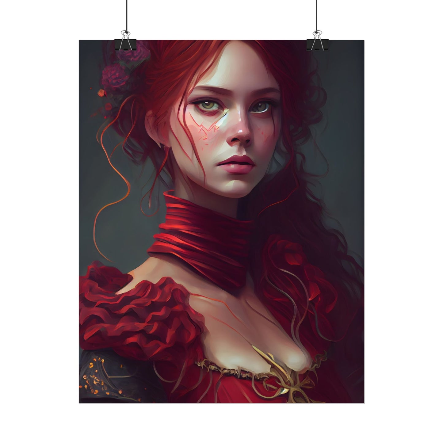 Vibrant Redhead Portrait: Female Artwork in Red Dress - Poster