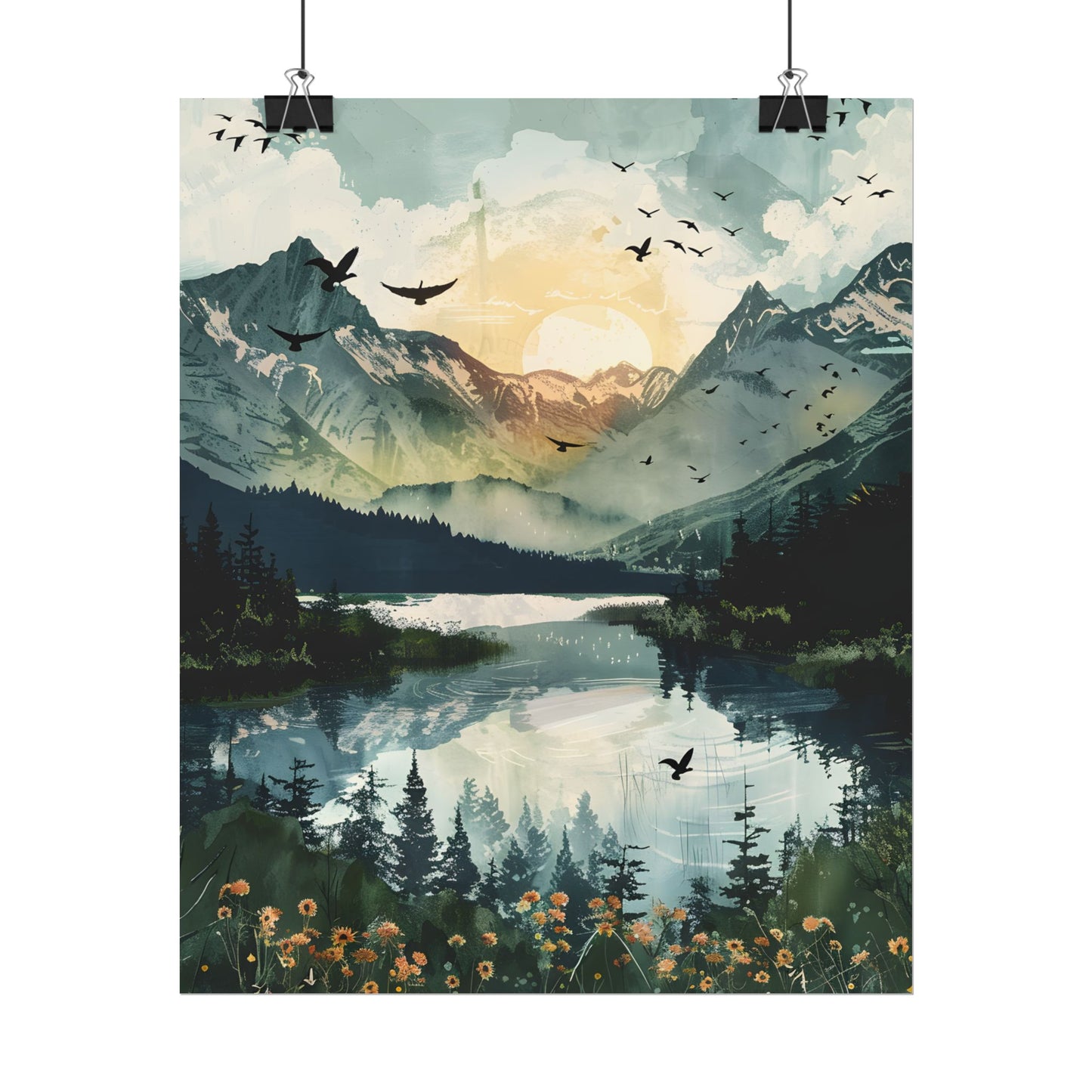 Serene Mountain Lake: Birds in Flight - Natural Art - Poster