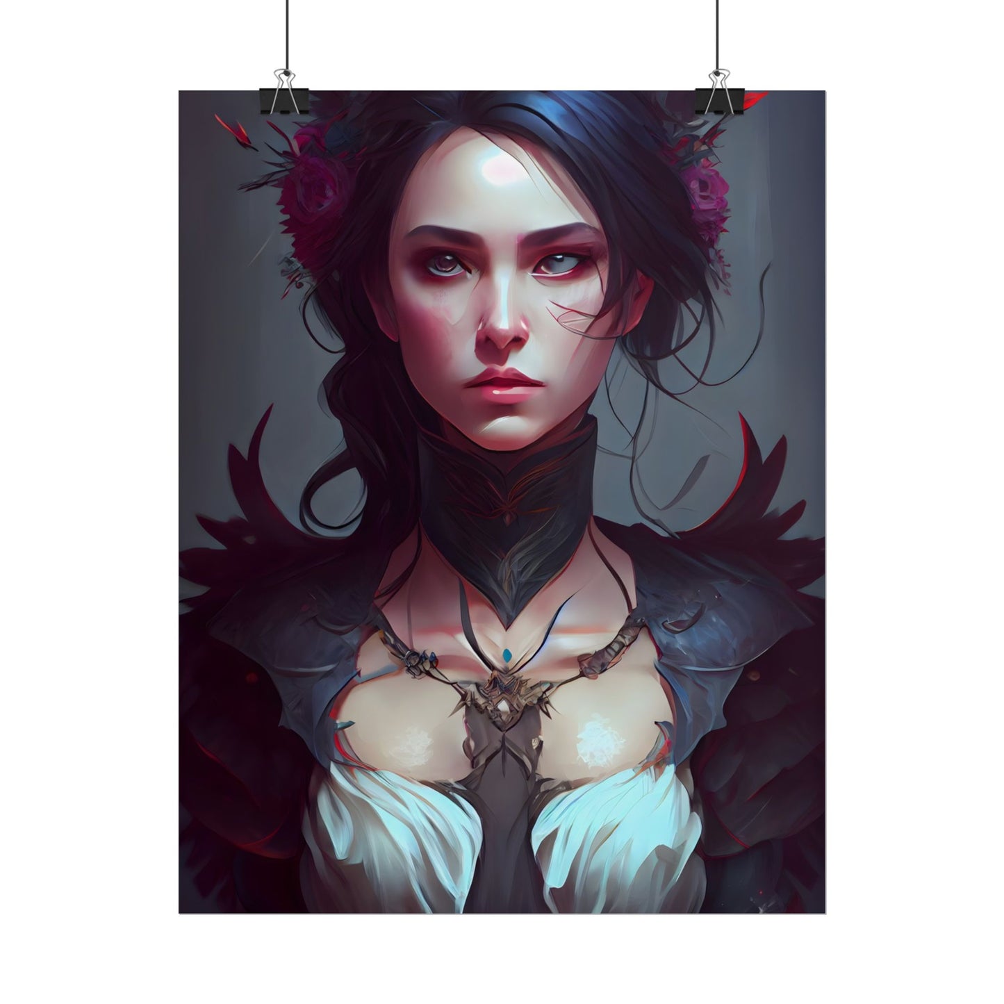 Enchanting Female Portrait: Elegant Black Dress Artwork - Poster