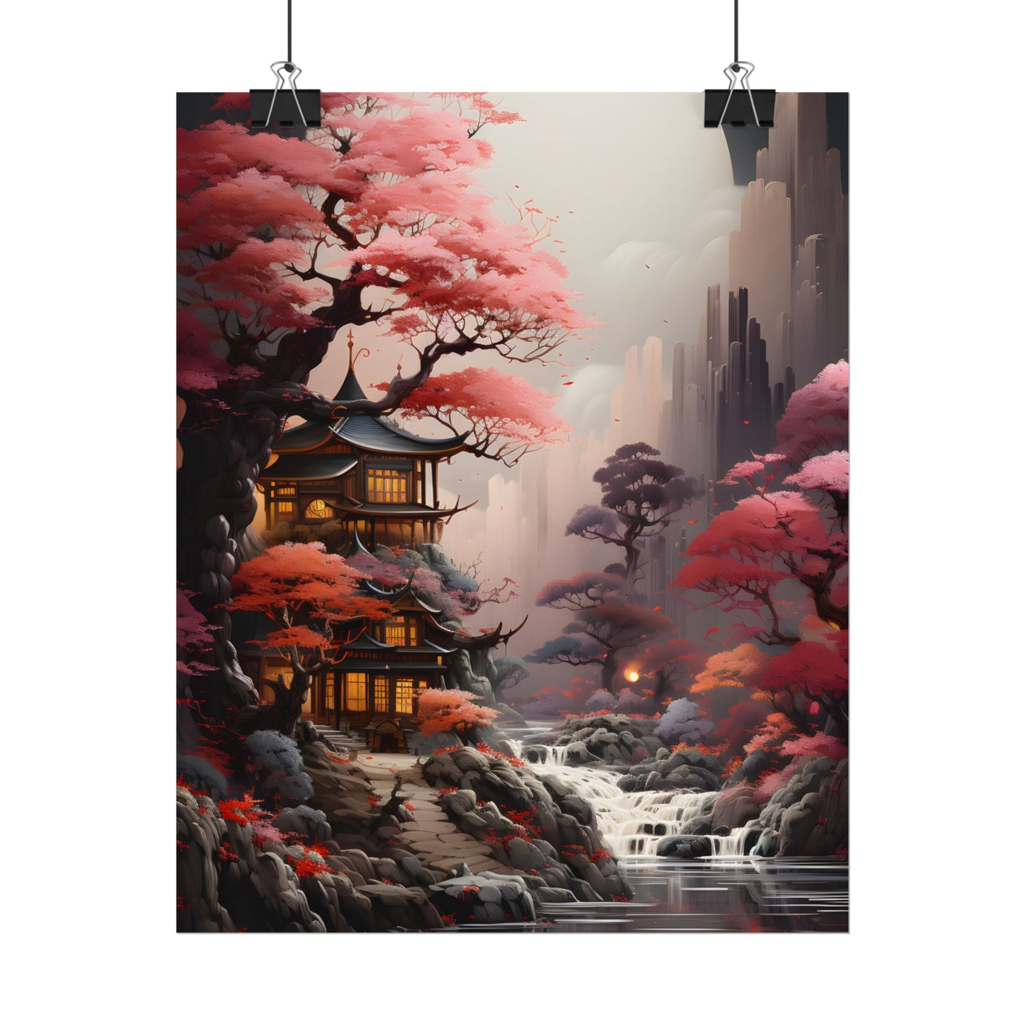 Landscape Masterpiece in Ash Magenta and Moss Green: Serene Nature Artwork - Poster
