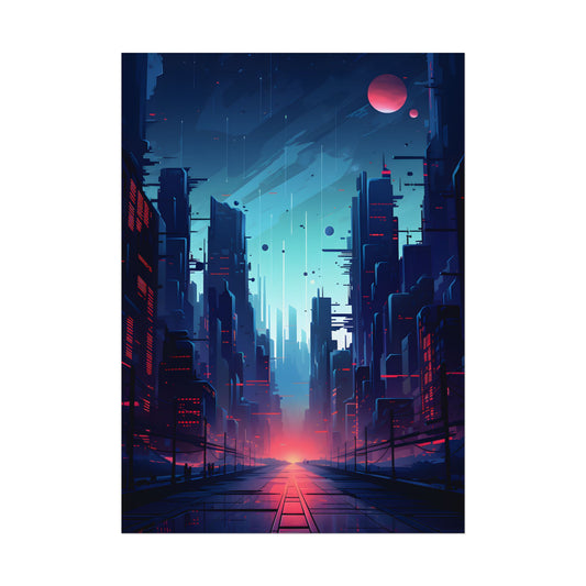 Cyberpunk City Night: Neon Lights Digital Artwork - Poster