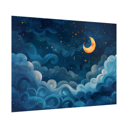 Surreal Night Sky Dreamscape: Whimsical Stars and Clouds Art - Poster