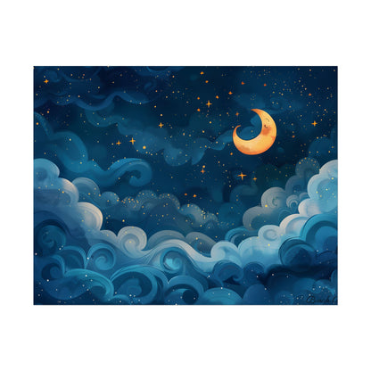 Surreal Night Sky Dreamscape: Whimsical Stars and Clouds Art - Poster