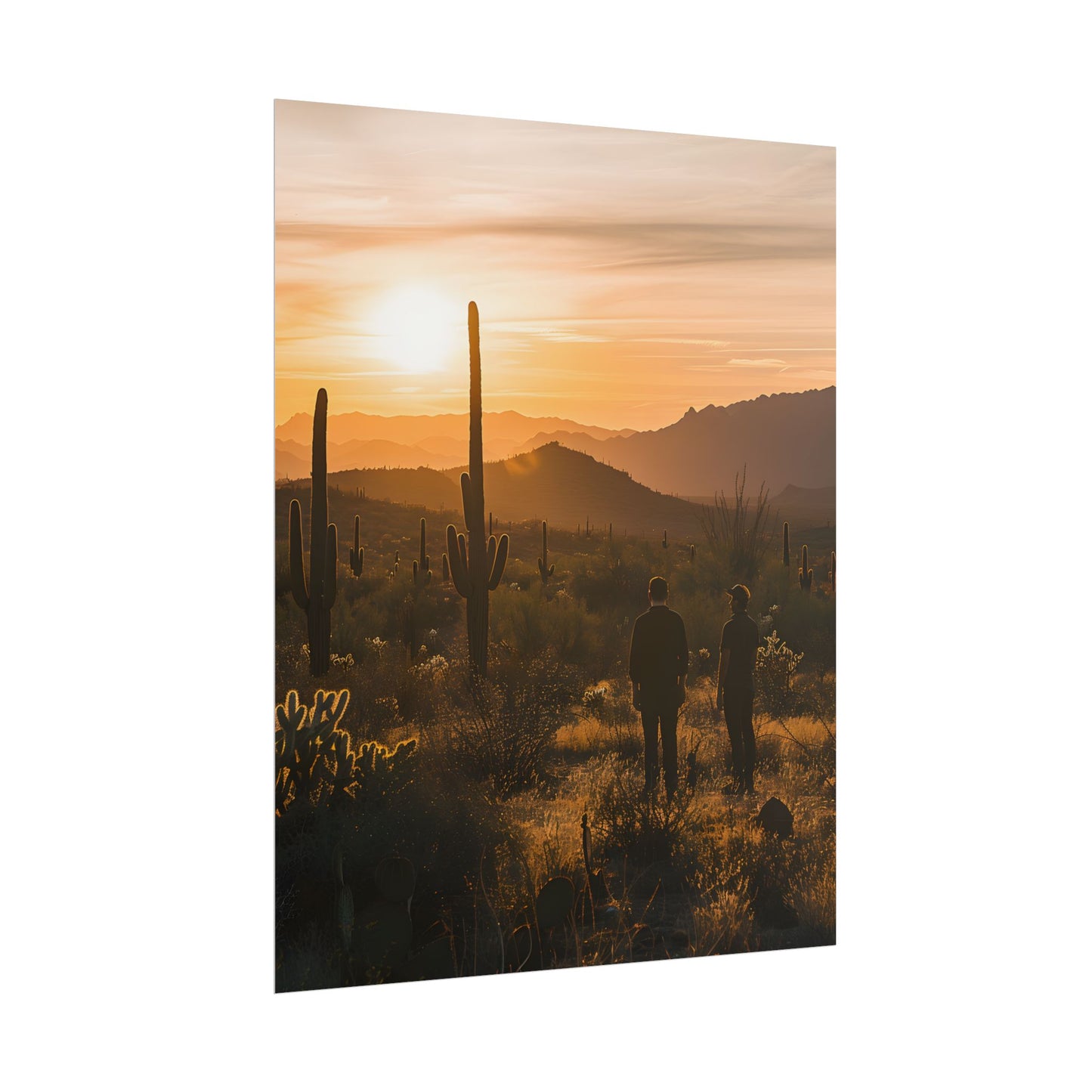 Desert Sunset Serenity: Two Friends Standing Together - Poster