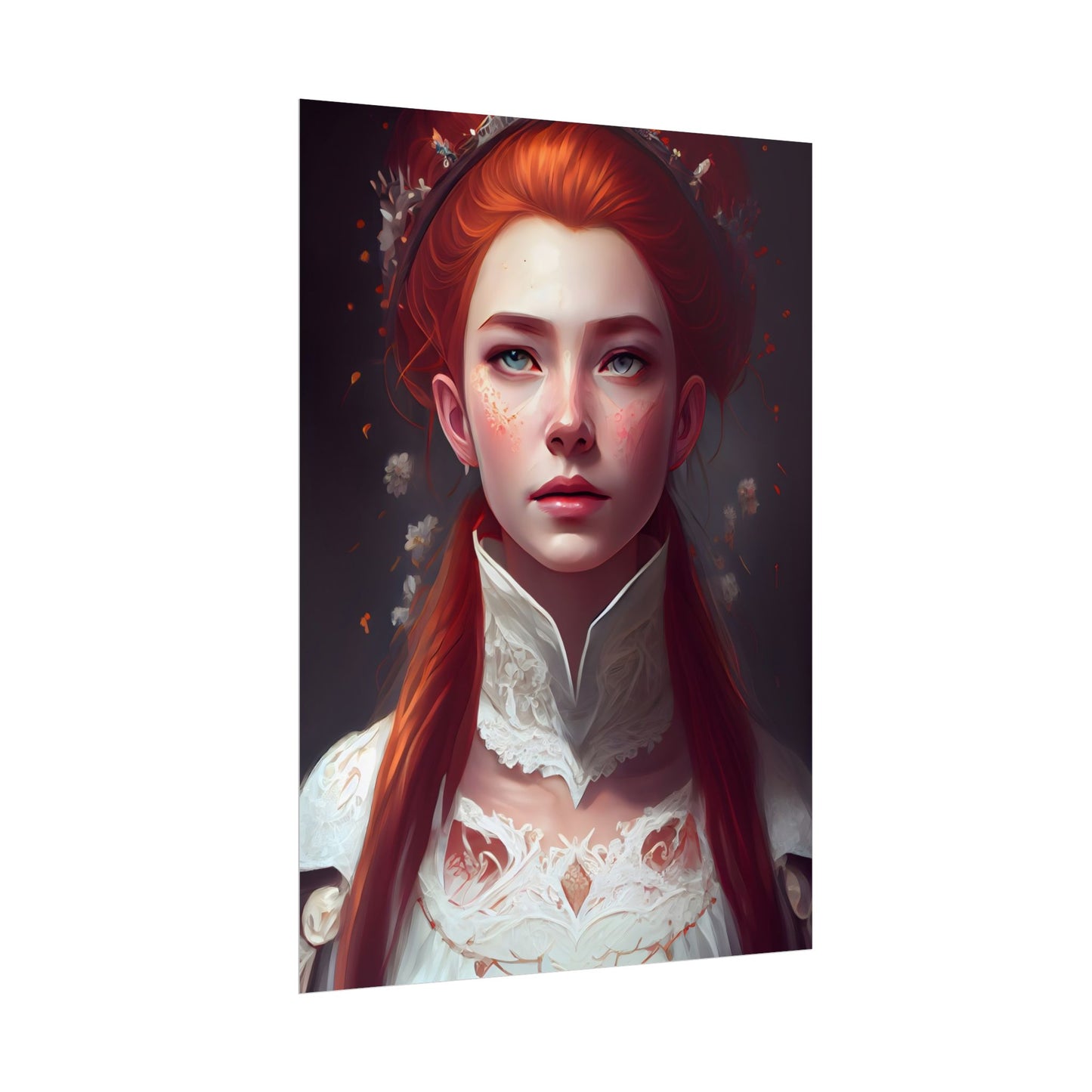 Soft Glow Redhead Portrait: Elegant Female Artwork in Dress - Poster