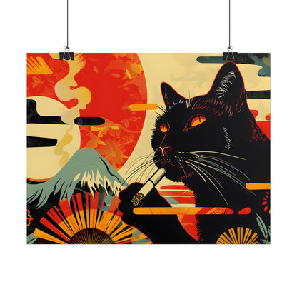 Whimsical Cat Smoking: Red & White Stripe Artwork - Poster