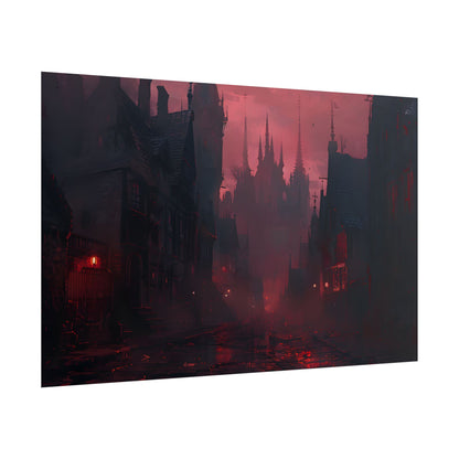 Dark Gothic Cityscape: A Serene Misty Dusk Scene - Poster