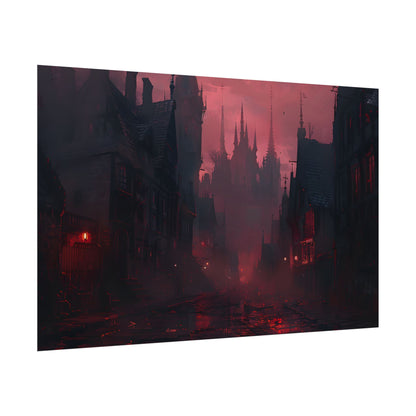 Dark Gothic Cityscape: A Serene Misty Dusk Scene - Poster