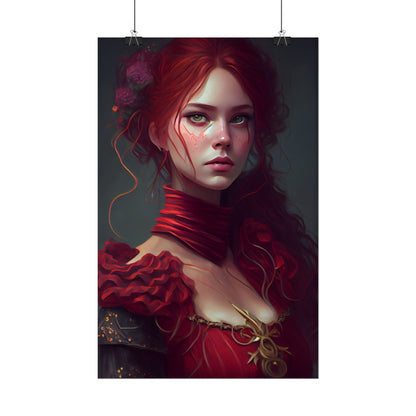 Vibrant Redhead Portrait: Female Artwork in Red Dress - Poster