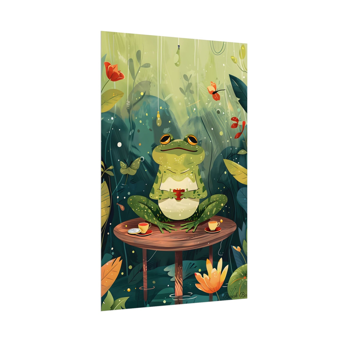 Whimsical Frog on Water: Playful Lily Pad Illustration - Poster