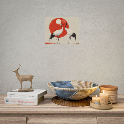 Serene Wildlife Sanctuary: Cranes in Red Nature Scene Art - Poster