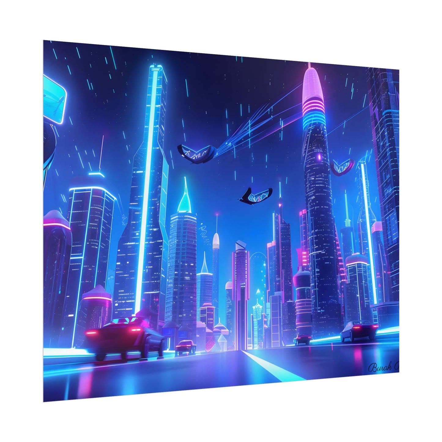 Vibrant Futuristic Cityscape: Neon Lights at Night Digital Artwork - Poster