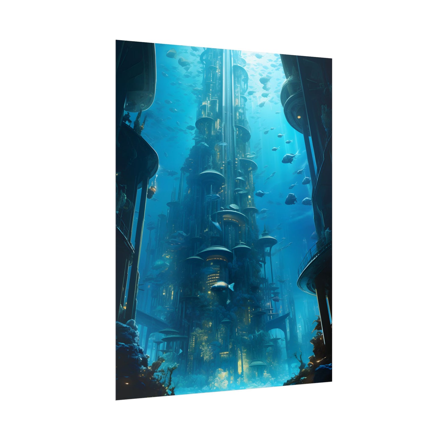 Future Metropolis: Underwater Cityscape Digital Art - Poster
