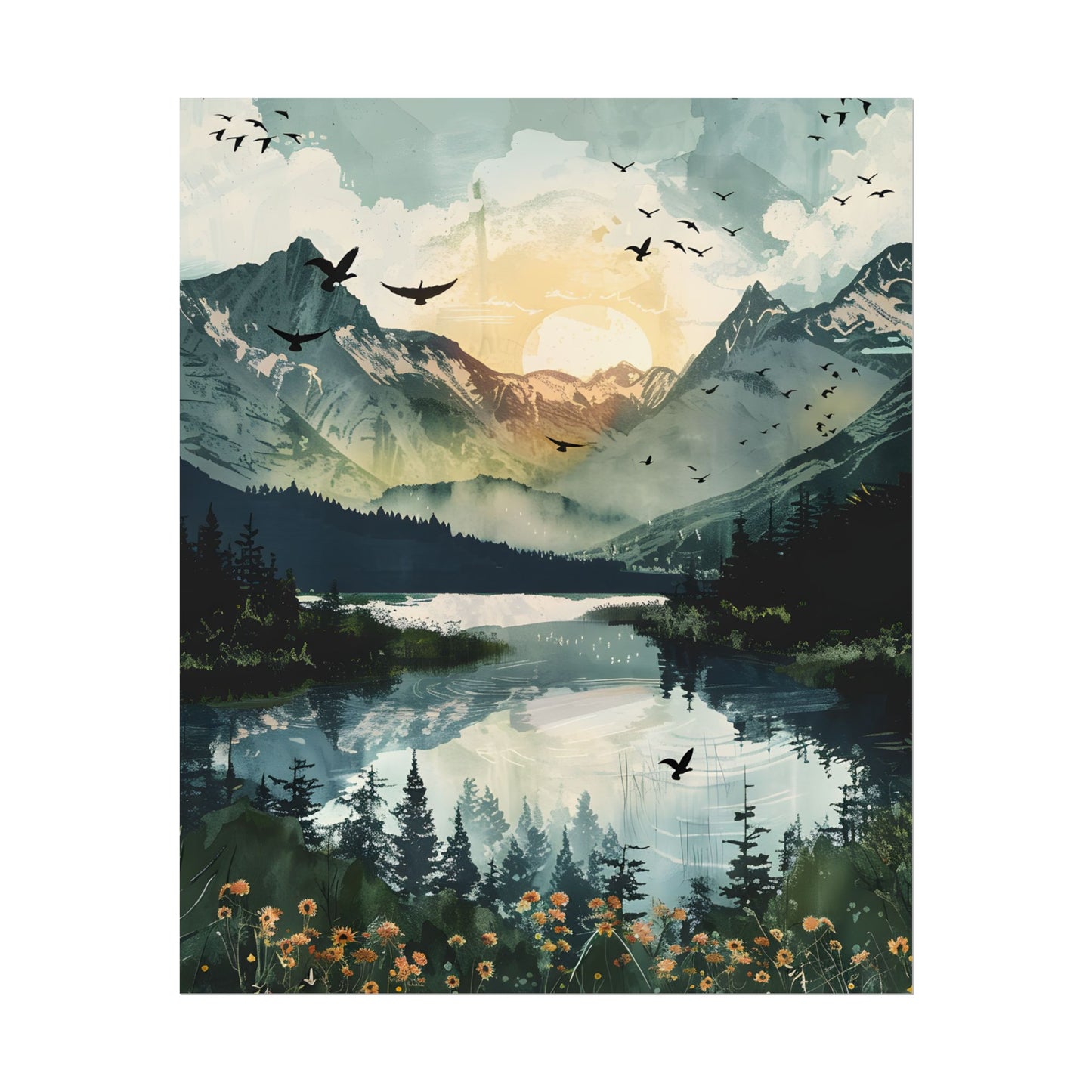 Serene Mountain Lake: Birds in Flight - Natural Art - Poster