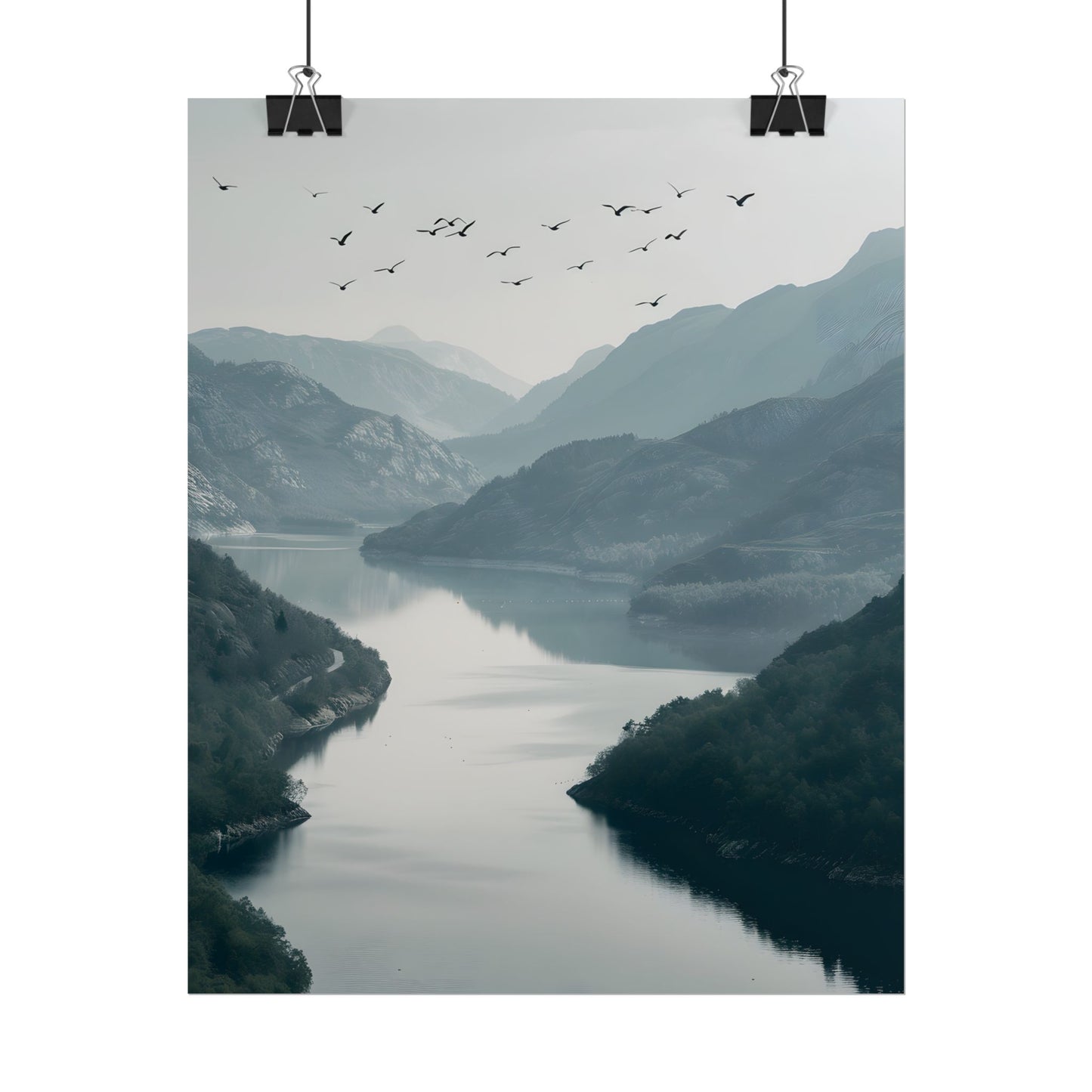 Peaceful Mountain Oasis: Serene Birds Eye View Artwork - Poster