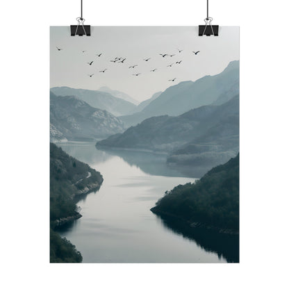 Peaceful Mountain Oasis: Serene Birds Eye View Artwork - Poster