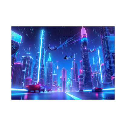 Vibrant Futuristic Cityscape: Neon Lights at Night Digital Artwork - Poster