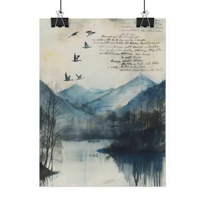 Nature's Serenity: Mountain Lake Birds in Flight Artwork - Poster